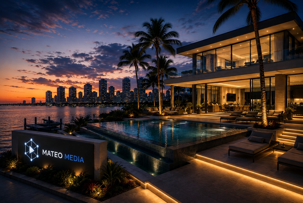 Luxury waterfront villa at sunset with Mateo Media signage