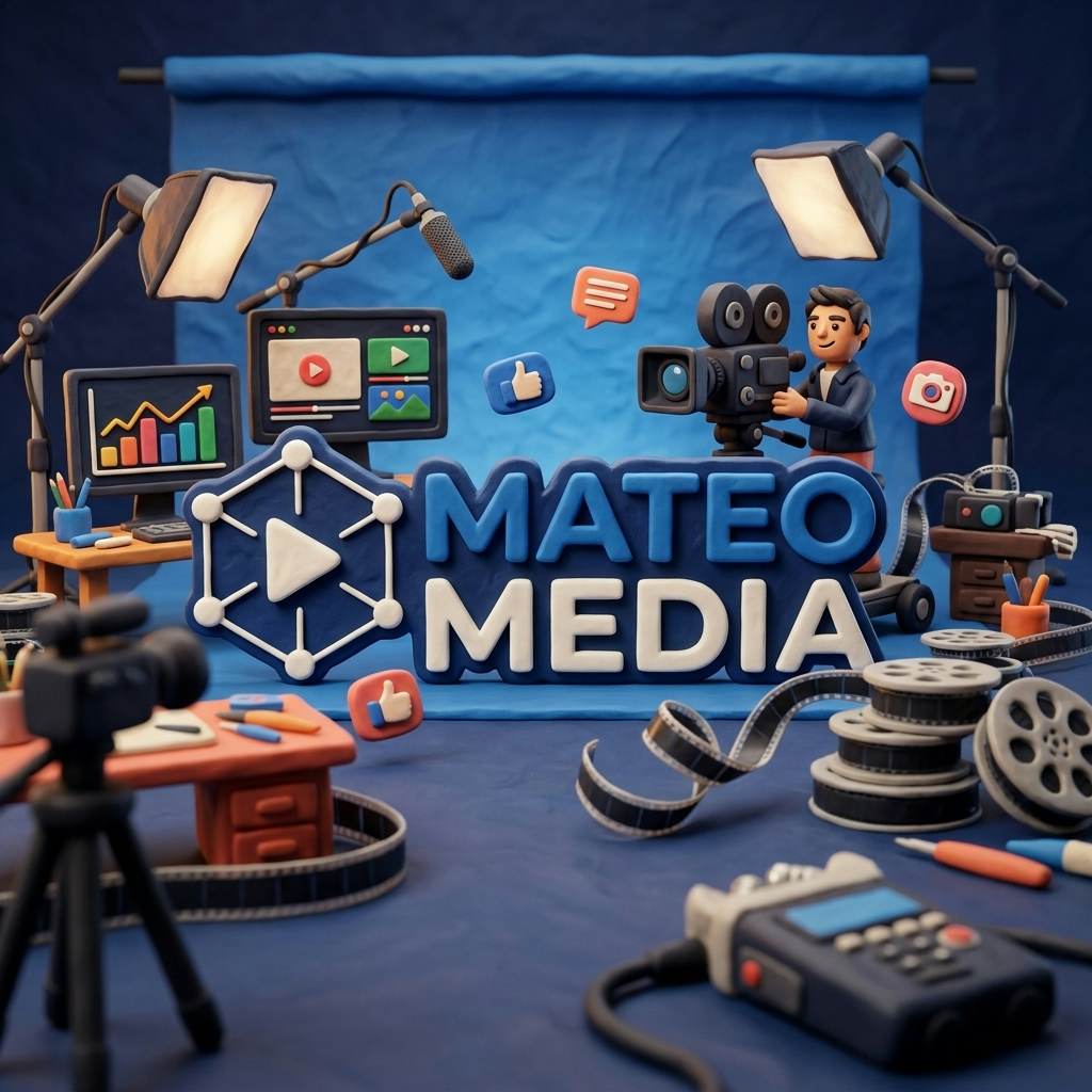 Claymation style AI animation ad set with Mateo Media branding